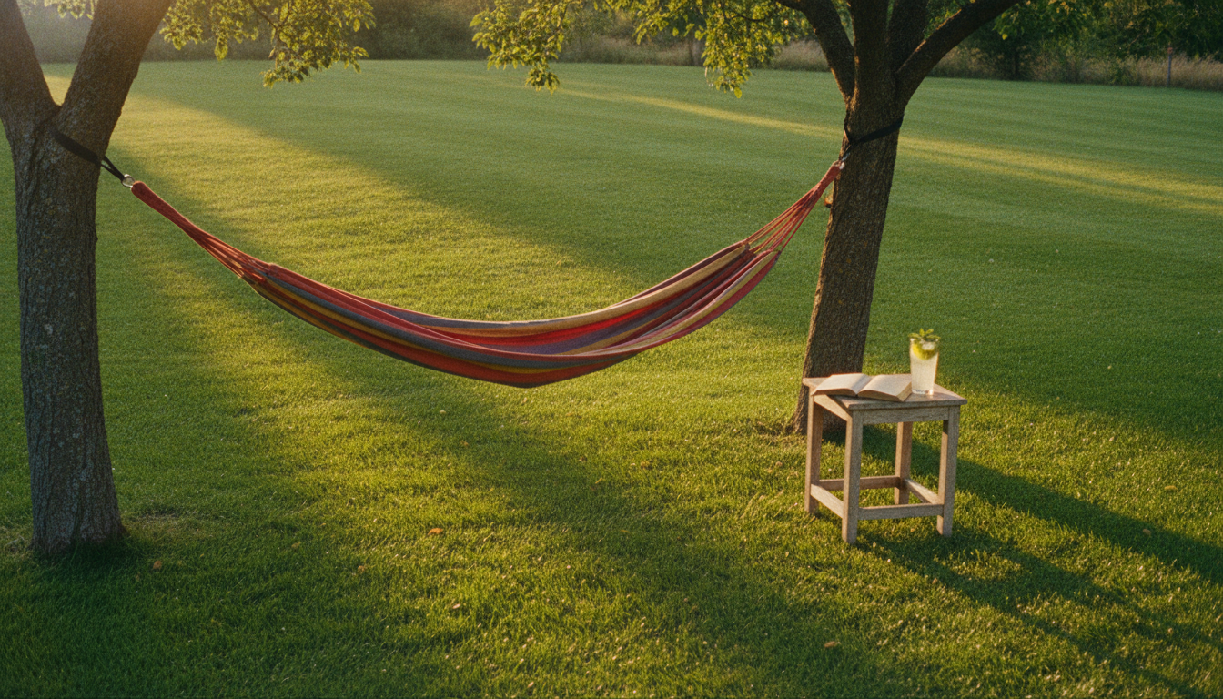 Empty hammock over a striped lawn in golden light