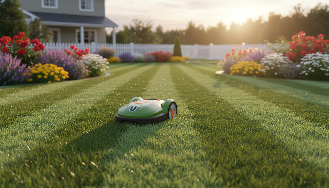 Robot mower striping a lawn in evening light